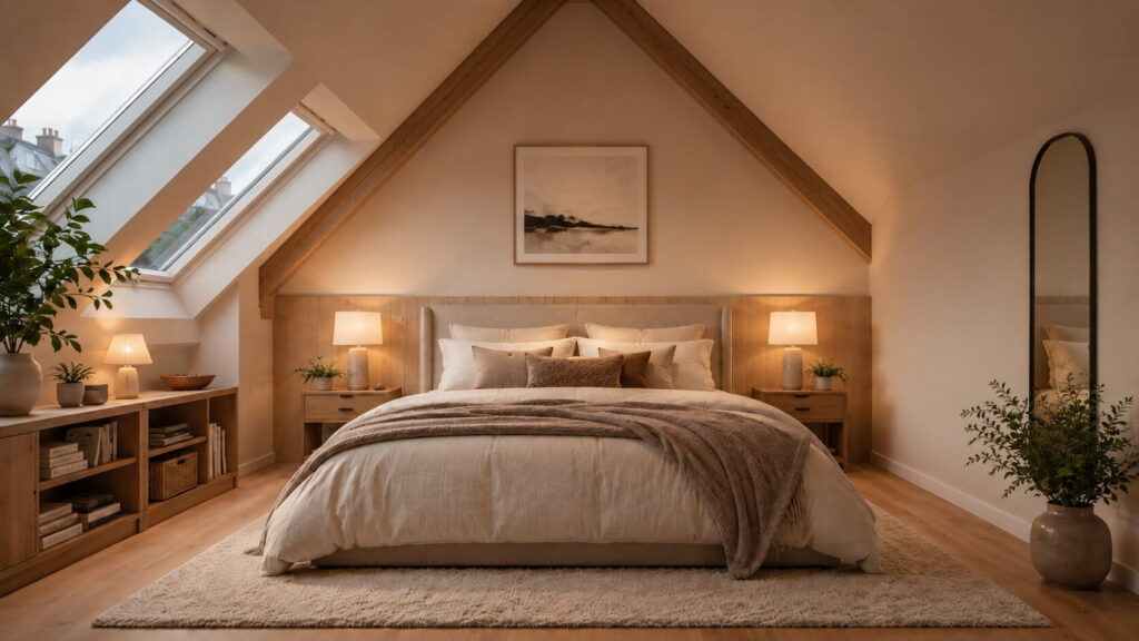 gemütliches schlafzimmer mit schrägen und holzbalken in natürlichem stil