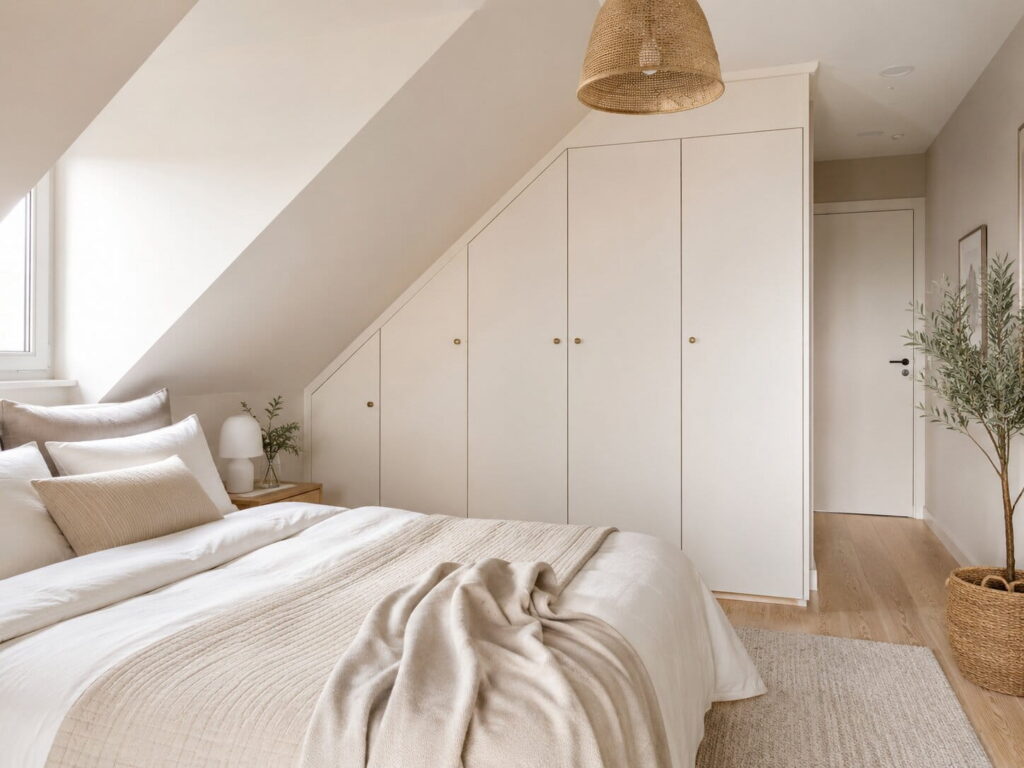 kleines, helles schlafzimmer mit dachschrägenschrank als einbaulösung
