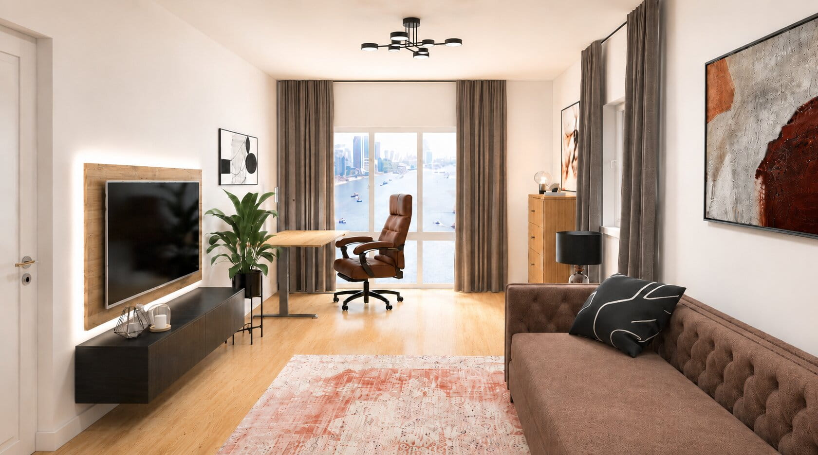 Arbeitszimmer im Industrial Stil mit Fernseher und Schlafsofa für Gäste