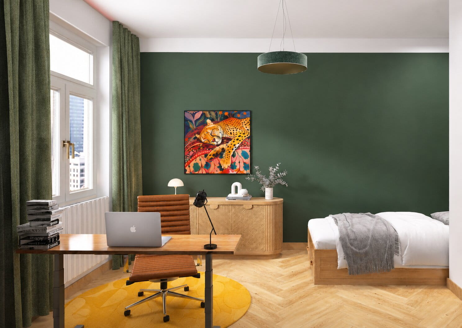 Hohes Altbau-Arbeitszimmer mit Schlafbereich für Gäste und grüner Wand