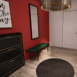 Moderner Eingangsbereich in Ferienwohnung mit auffälliger roter Wand und dunklen Möbeln