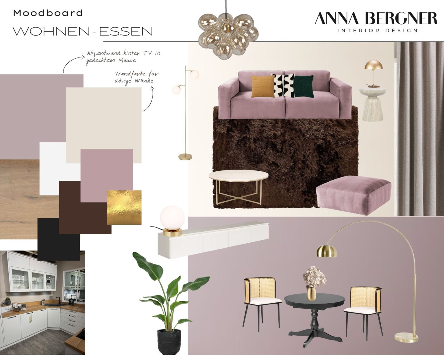 interior design moodboard in modernem glamour-stil