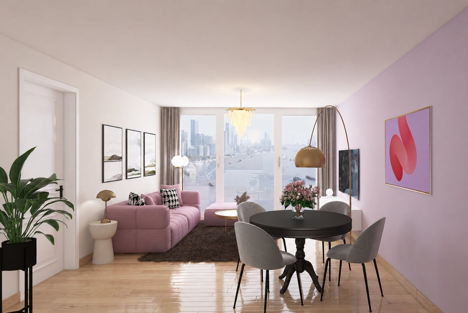 wohnzimmer mit essbereich und akzentwand in flieder