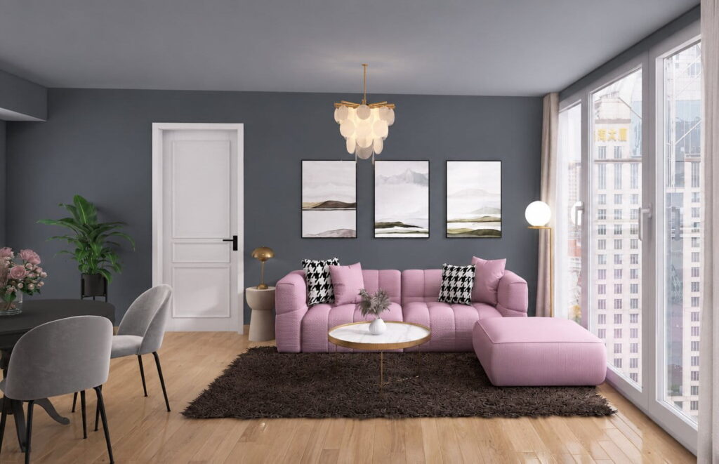 blaugraues wohnzimmer mit sofa in flieder und essecke