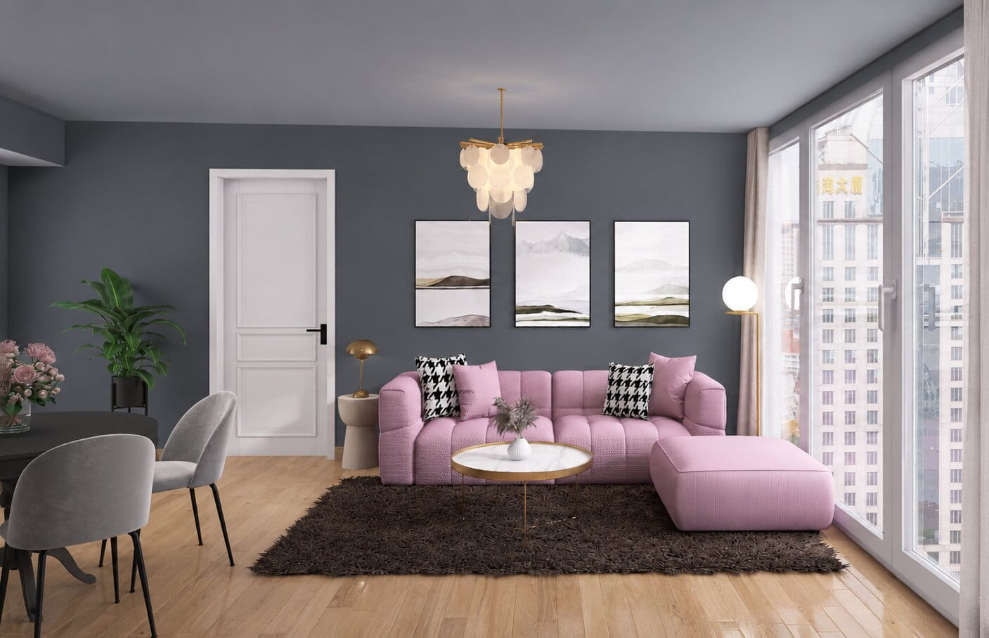 blaugraues wohnzimmer mit sofa in flieder und essecke