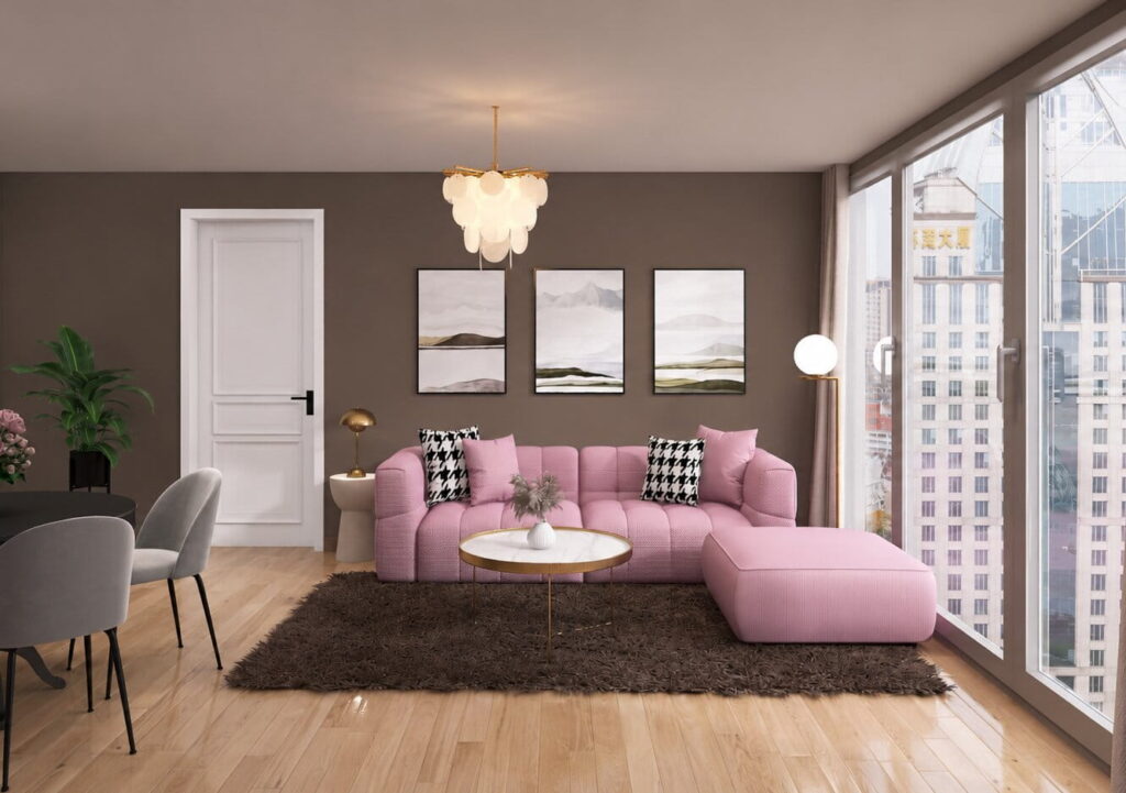wohnzimmer mit braunen wänden, essbereich und couch in flieder