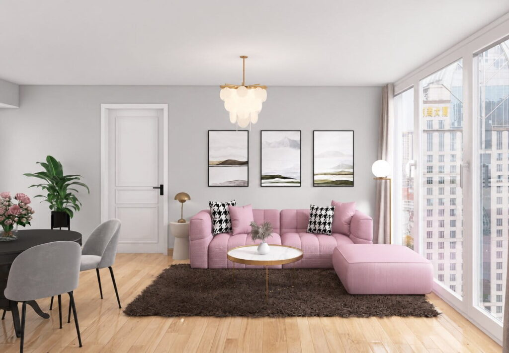 modernes wohnzimmer mit hellgrauen wänden und pastelllila sofa