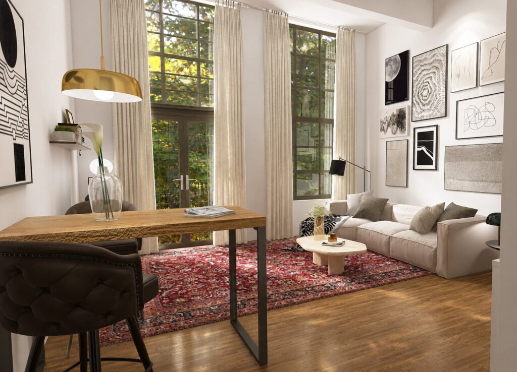 minimalistisches wohnzimmer mit hohen decken, bildergalerie und orientteppich