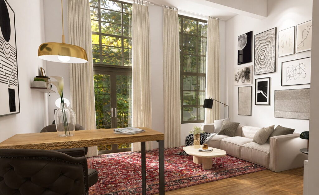 minimalistisches wohnzimmer mit hohen decken, bildergalerie und orientteppich