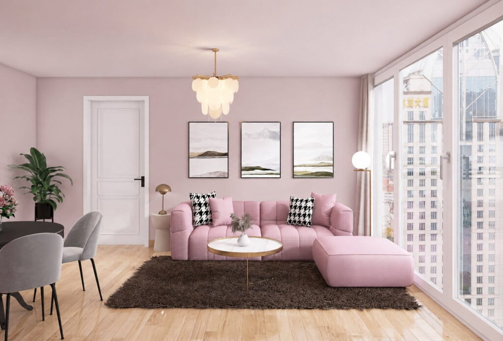 wohnzimmer mit monochromer wandgestaltung in rosa mit essbereich und sofa