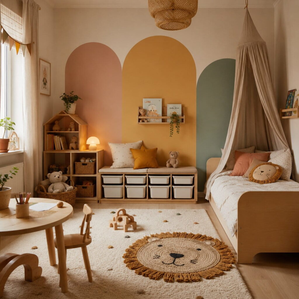 kinderzimmer wandgestaltung mit bunten bögen und holzmöbeln
