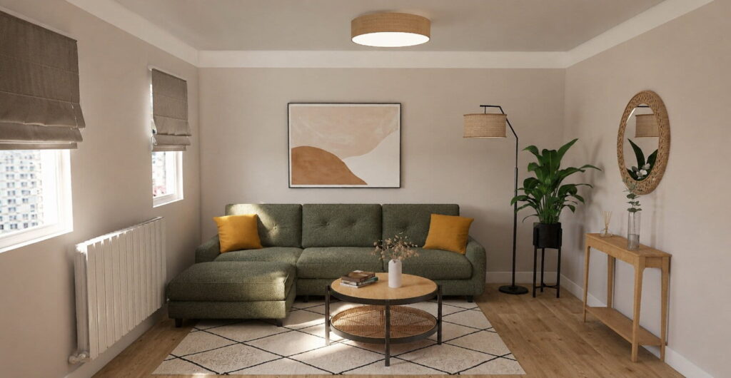kleiner wohnraum mit niedriger decke in beige mit weißem streifen