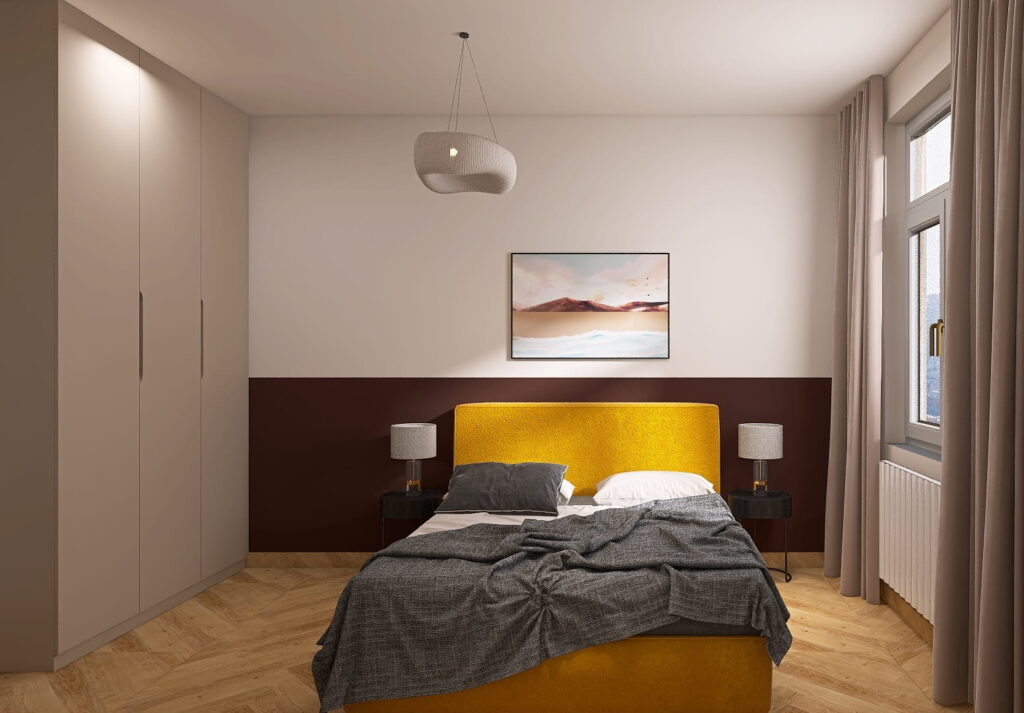 schlafzimmer mit hohen decken und wandgestaltung in greige und braun