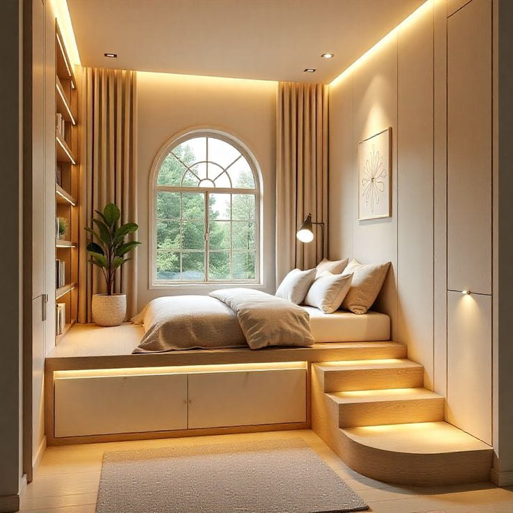 podestbett mit integriertem stauraum und indirektem licht in gemütlichem schlafzimmer