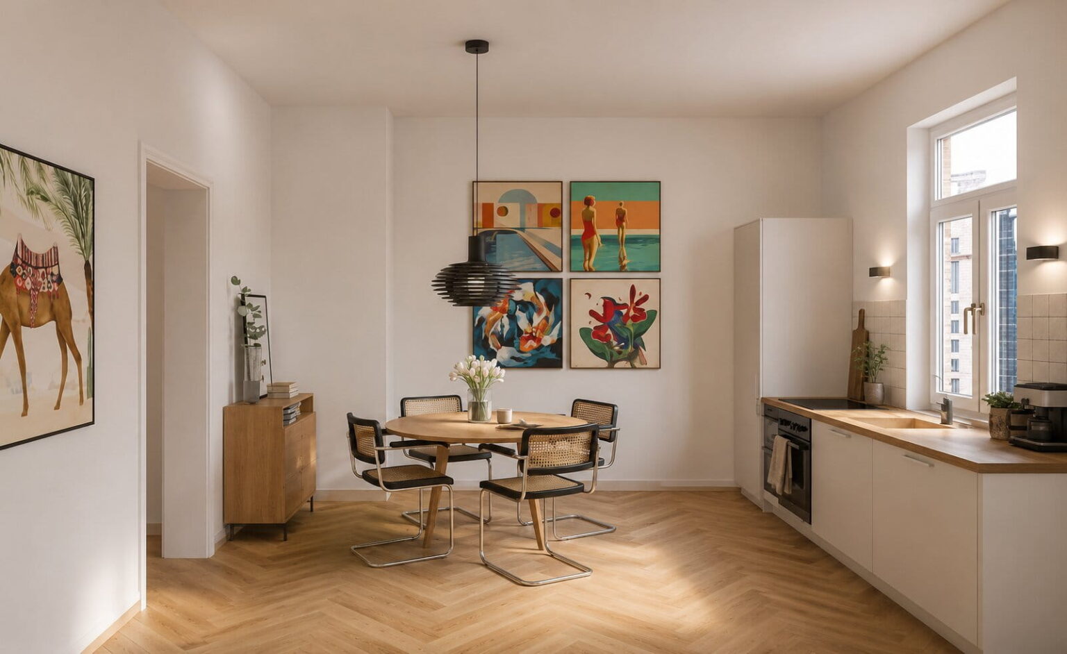 minimalistische wohnküche mit hoher decke, rundem esstisch und bunten wandbildern