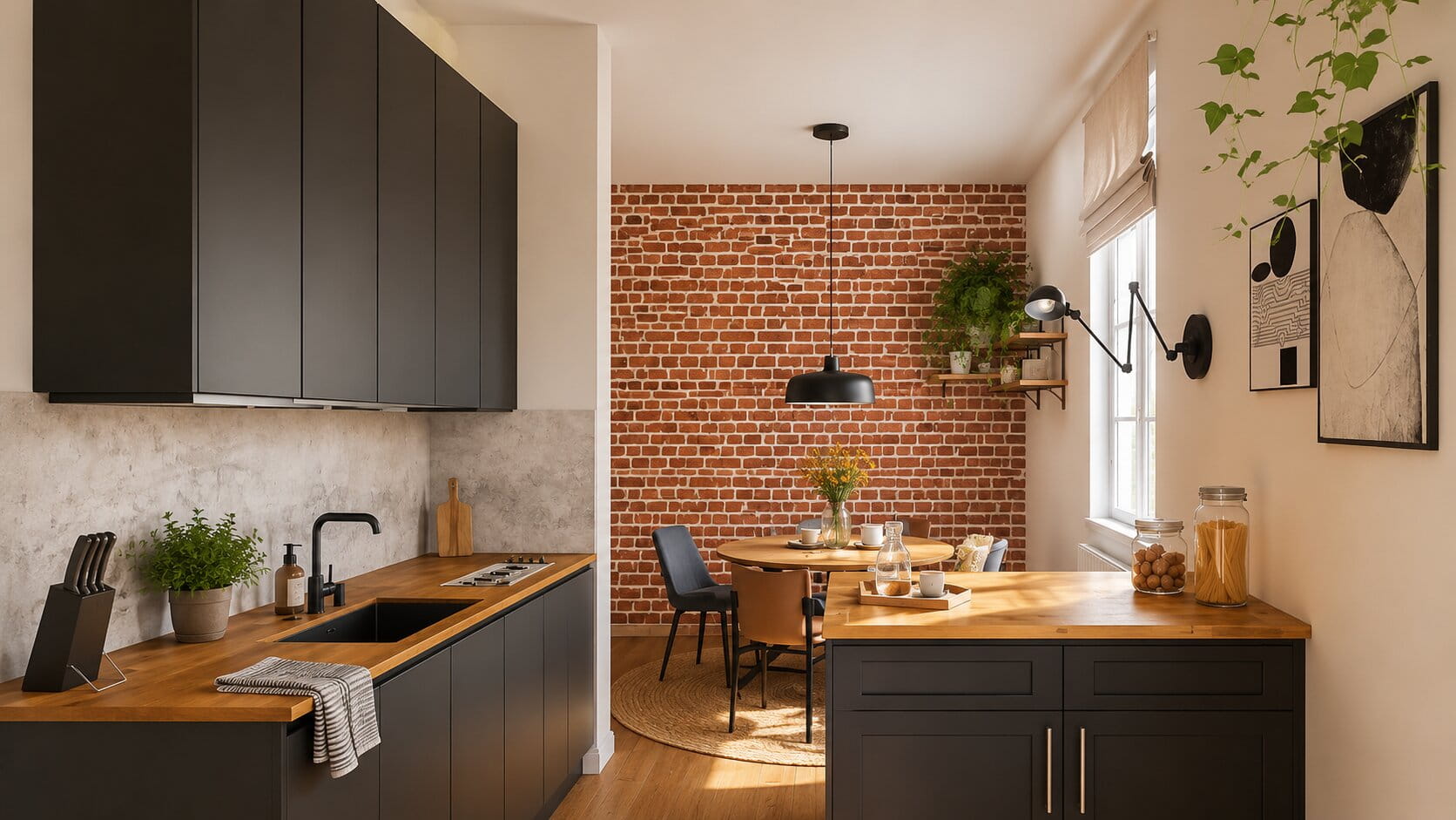 wohnküche im industrial stil mit ikea-küche in anthrazit