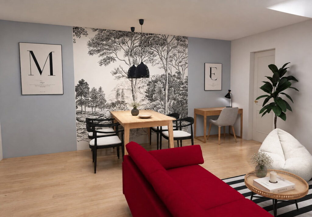 Wohn-Essbereich einer Ferienunterkunft mit hellblauer Wand und Fototapete in Schwarz-Weiß