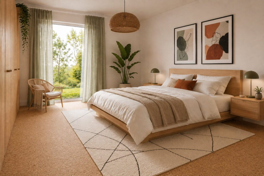 Natürliches Schlafzimmer mit Korkboden und Massivholzbett für gesundes Schlafen