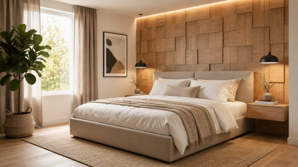 Akzentwand aus Holzpaneelen in 3D-Optik in natürlichem Schlafzimmer