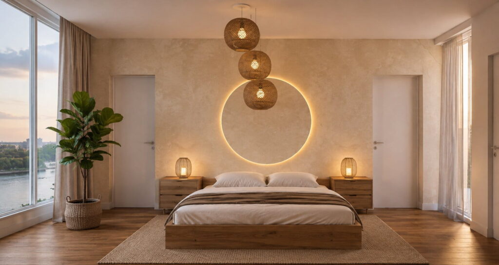 Natürliches Schlafzimmer im Boho Stil mit niedrigem Massivholzbett und minimalistischer Wandgestaltung mit Tapete und indirekter Beleuchtung
