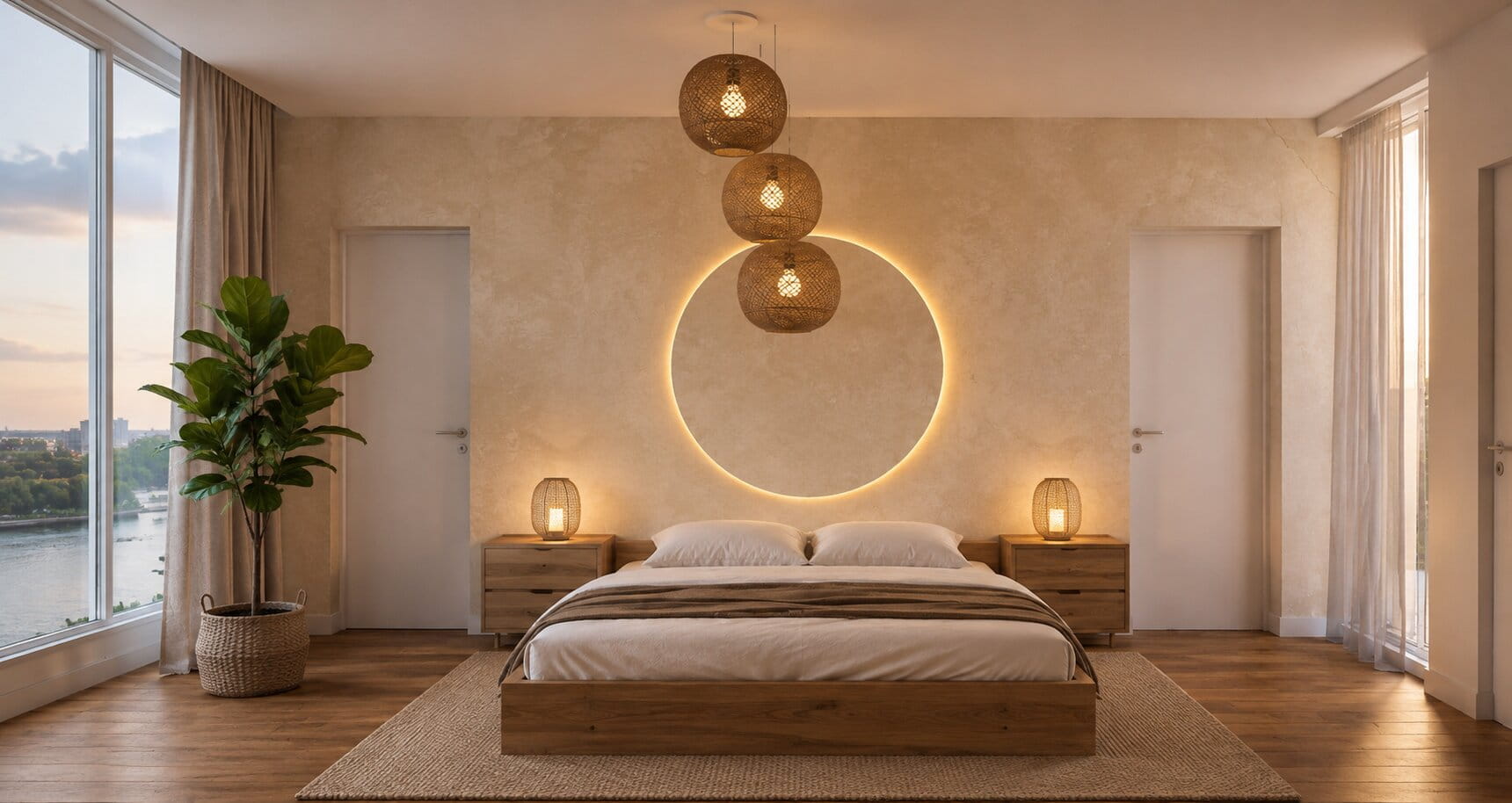 Natürliches Schlafzimmer im Boho Stil mit niedrigem Massivholzbett und minimalistischer Wandgestaltung mit Tapete und indirekter Beleuchtung