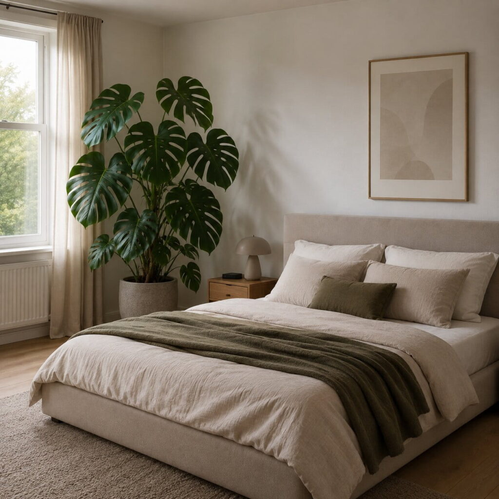 Modernes Schlafzimmer mit Polsterbett in hellen Naturtönen mit großer Monsterapflanze