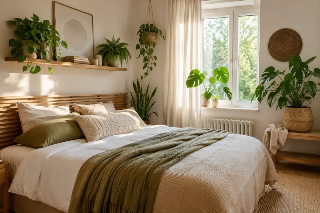 Natürliches Schlafzimmer mit vielen Pflanzen und Holzmöbeln