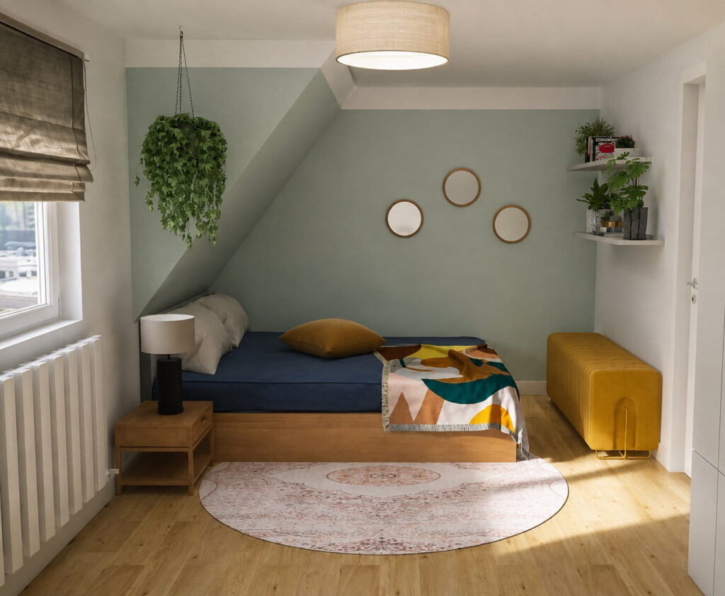 Kleines Schlafzimmer mit Dachschräge und Wand in Mint