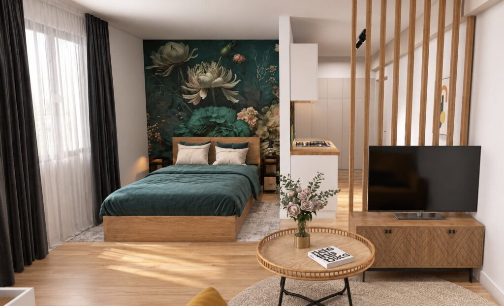 Kleines Ferienapartment mit Raumtrenner, Küchenzeile und Schlafnische mit Fototapete