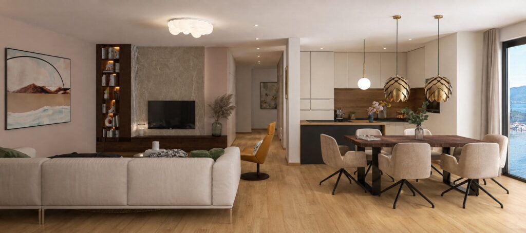 Modernes Wohnzimmer mit TV-Rückwand und beleuchtetem Regal, offener Küche in Creme und Holz und großem Esstisch