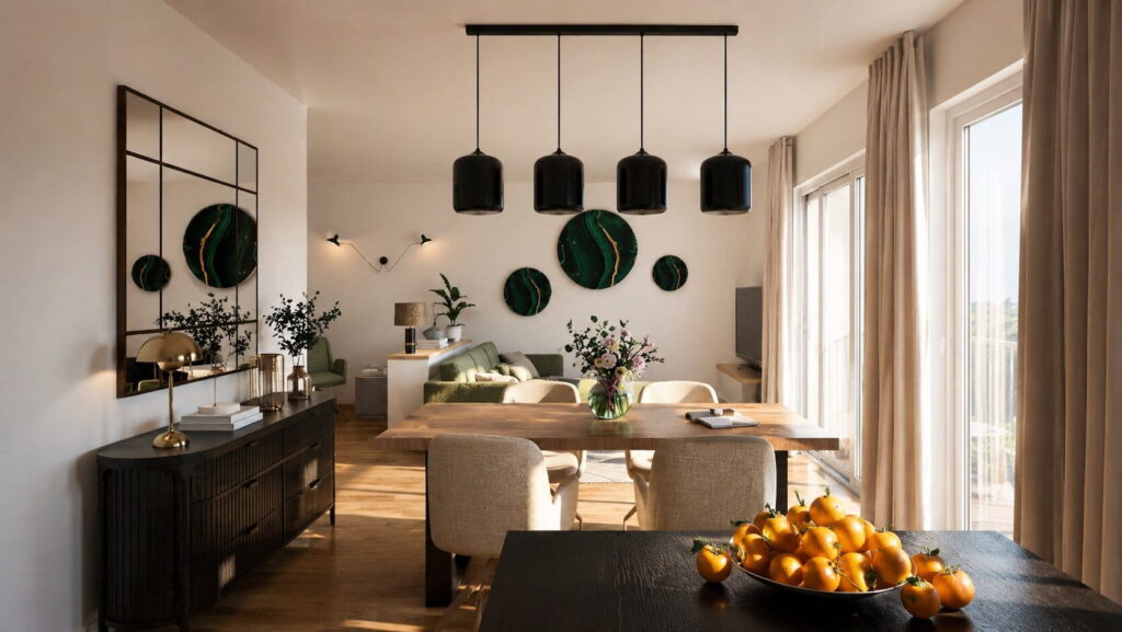 Wohn-Esszimmer mit Spiegel über Sideboard und Sofa als Raumtrenner zur Arbeitsecke