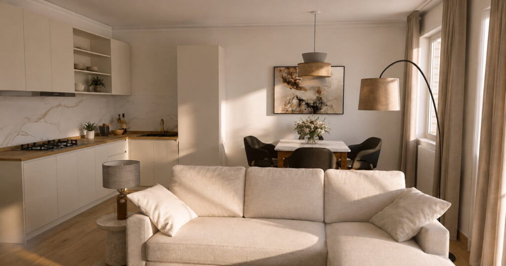 Kleines Wohn-Esszimmer mit offener Küche und kleinem Ecksofa als Raumtrenner