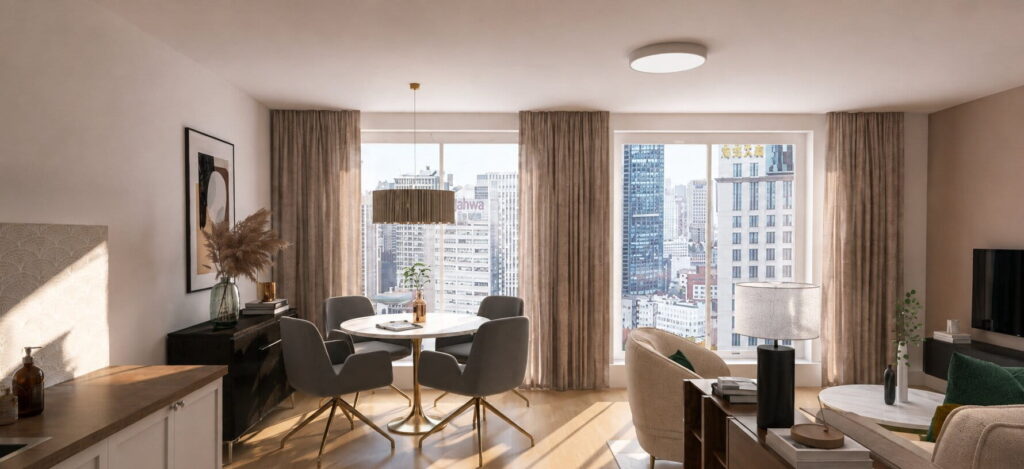 Wohnzimmer mit rundem Esstisch, Sofaecke mit Wand in Taupe und offener Küche