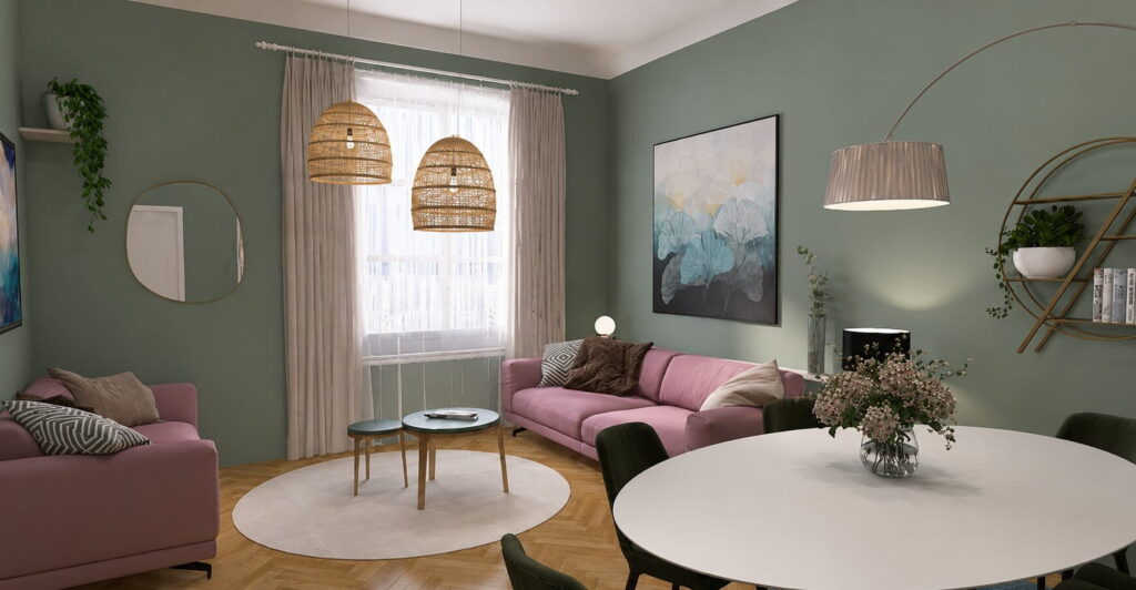 Wohnzimmer mit Essbereich mit Wänden in Mint und hoher Decke