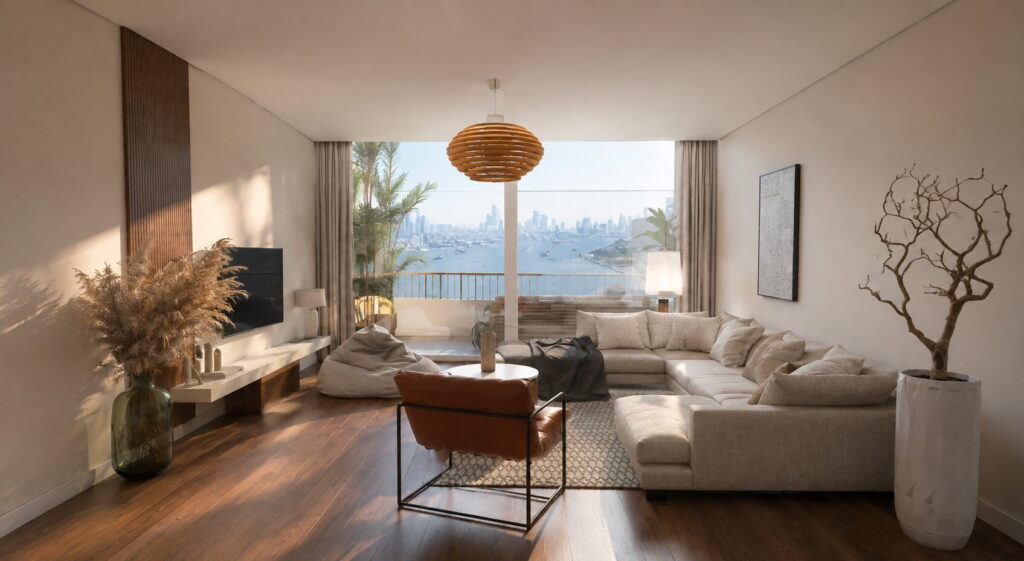 Modernes Wohnzimmer im minimalistischen Boho Stil mit großer Wohnlandschaft und Akustikpaneelen in Nussbaum