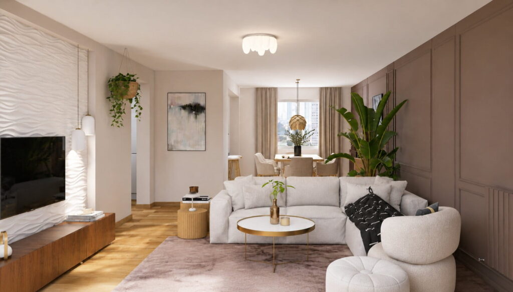 Längliches Wohnzimmer mit Essbereich, mit TV-Wand aus Wandpaneelen und brauner Längswand mit Zierleisten