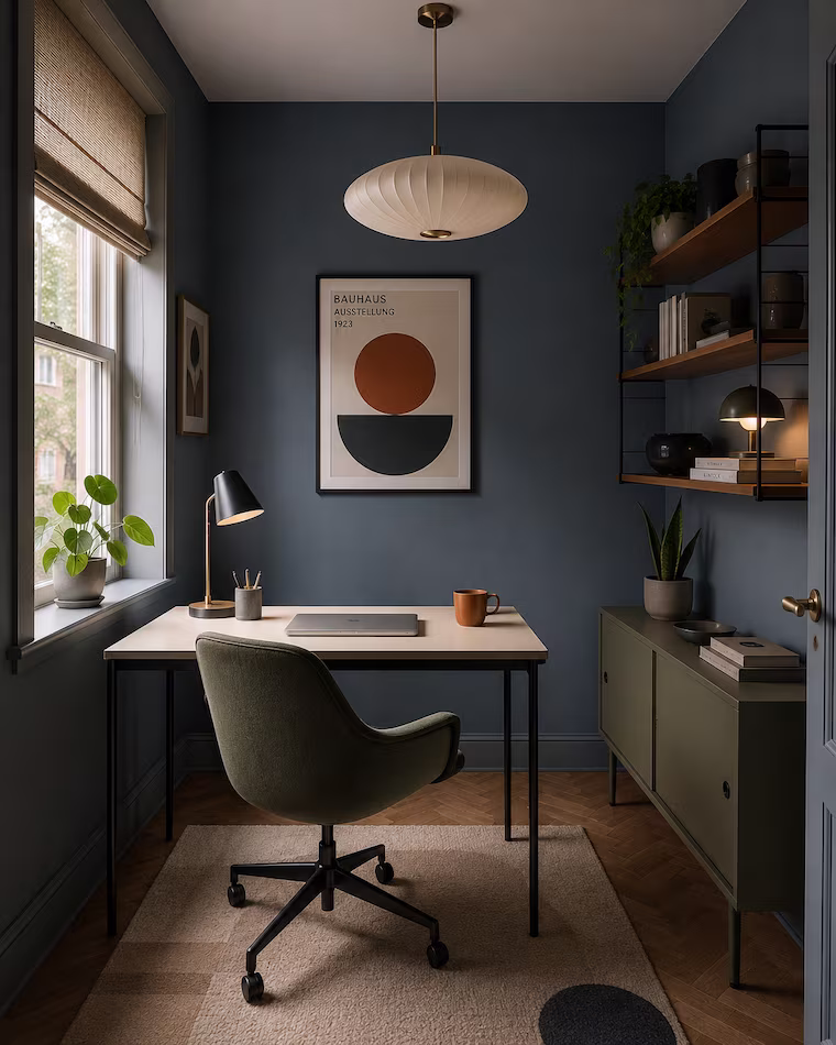 kleines retro-arbeitszimmer mit blau gestrichenen wänden und decke