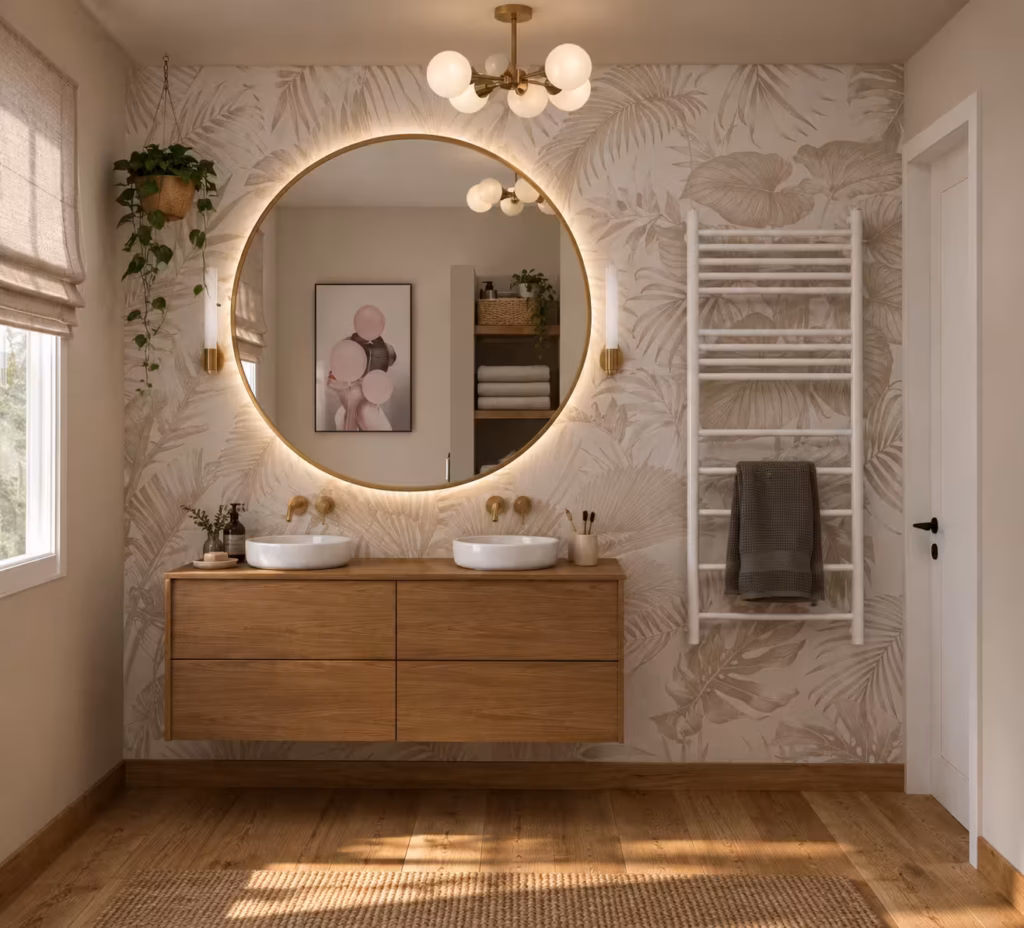 Wohnliches Bad mit Holz-Waschtisch, rundem Spiegel mit indirekter Beleuchtung und Fototapete in Beige