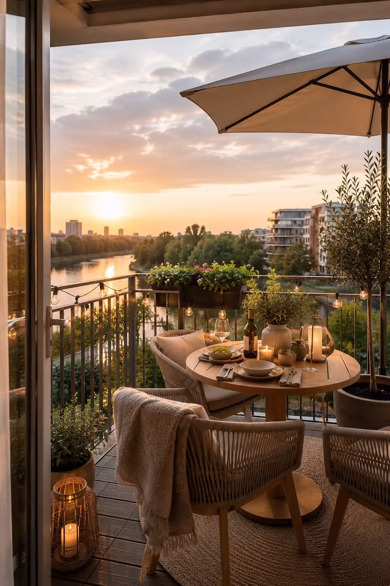 balkon mit kleinem gedeckten tisch in einer ferienunterkunft mit schönem Ausblick