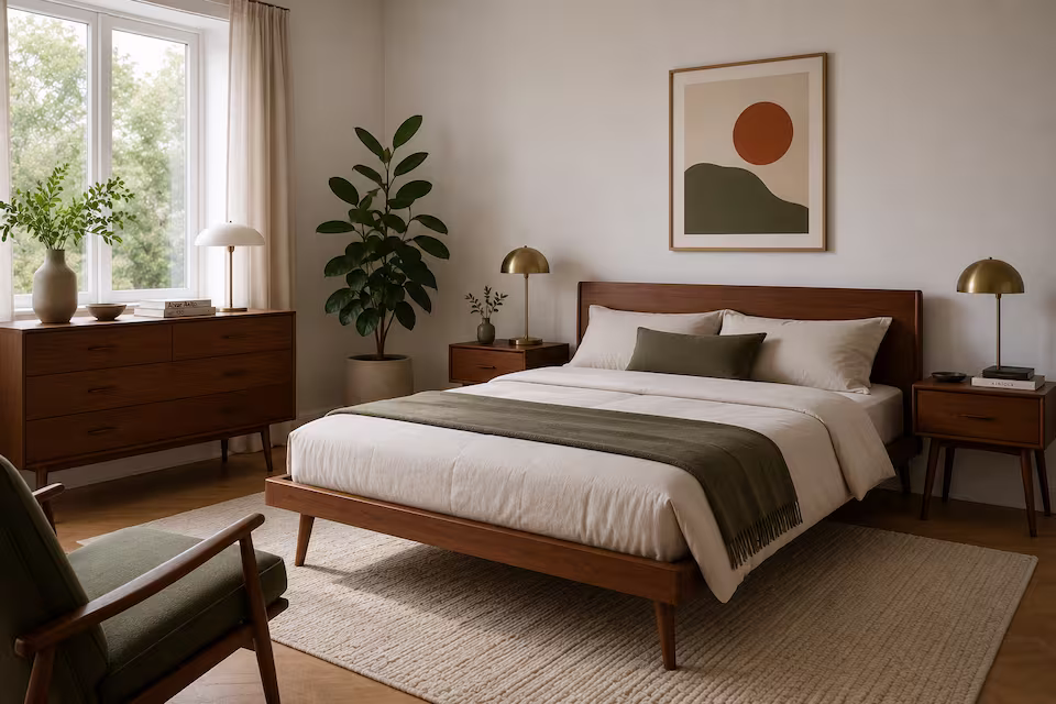 schlafzimmer im mid century modern stil mit dunklen holzmöbeln und messing-tischleuchten