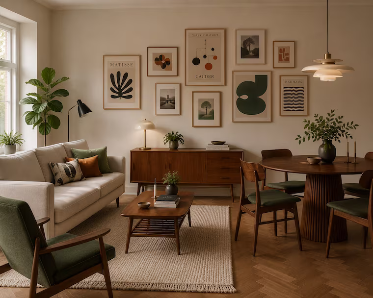 wohn-esszimmer im mid century modern stil mit Bildergalerie und rundem esstisch