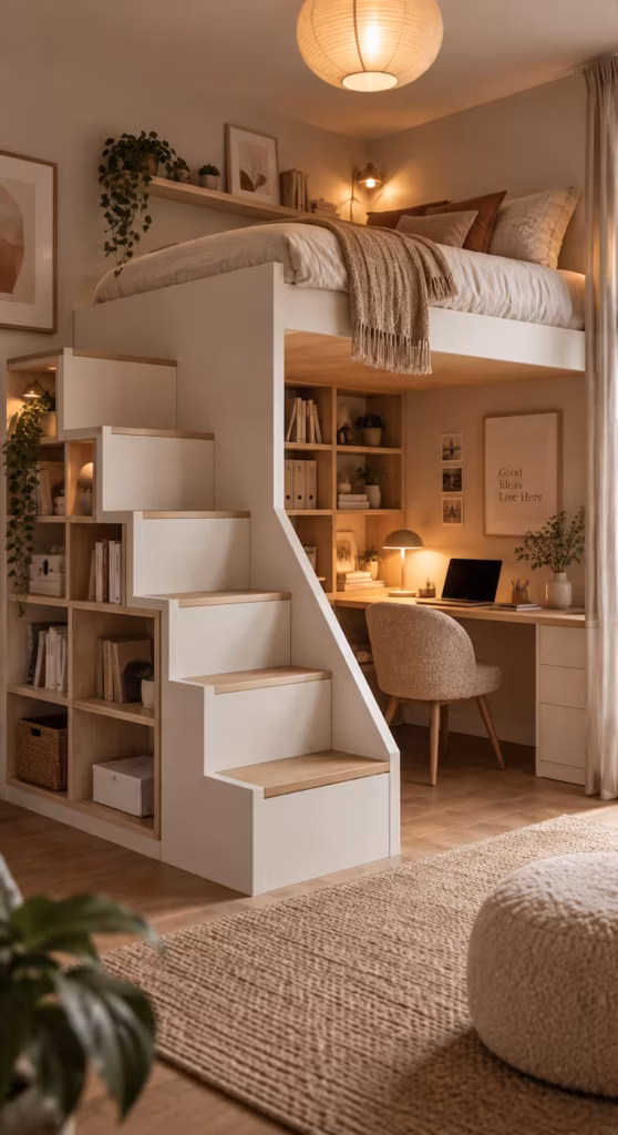 kleiner wohnraum mit hochbett, arbeitsplatz und viel stauraum
