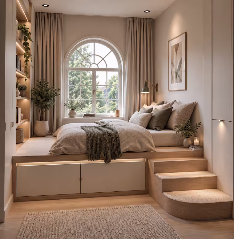 podestbett mit integriertem stauraum und indirektem licht in gemütlichem schlafzimmer