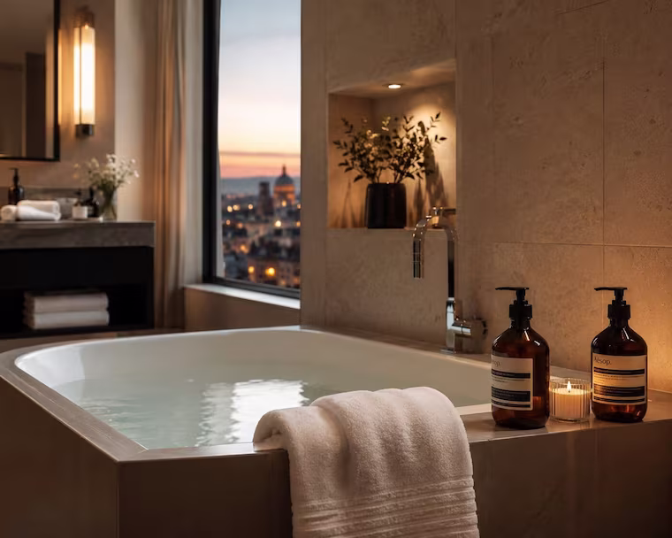 bad mit wanne und pflegeprodukten in stimmungsvollem Licht