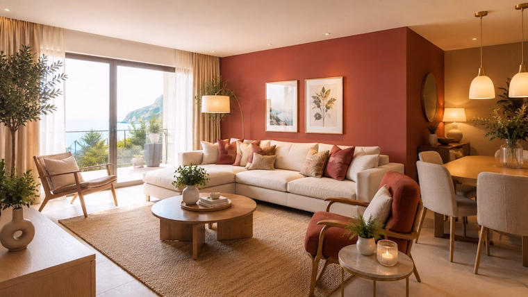 gemütliches ferienapartment mit vielen Leuchten und Akzentwand in Terrakotta