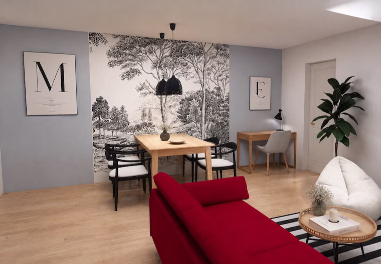 wohn-esszimmer im japandi stil mit hellblau gestrichener wand und schwarz-weißer fototapete