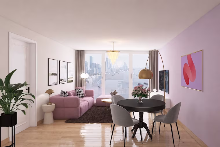 wohnzimmer mit essbereich und akzentwand in flieder