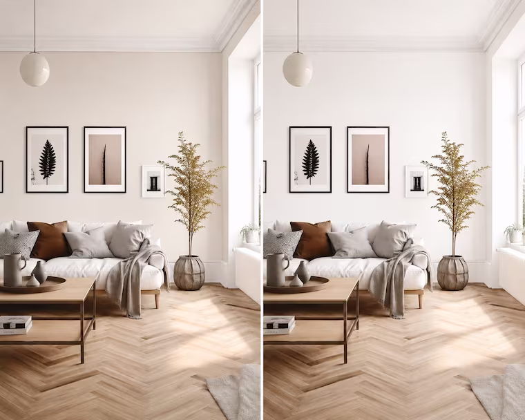 Vergleich von warmweißen vs. neutral-weißen Wänden im Wohnzimmer