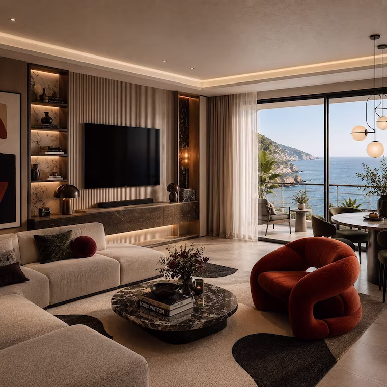 modernes fewo-wohnzimmer mit ausblick eingerichtet wie hotel
