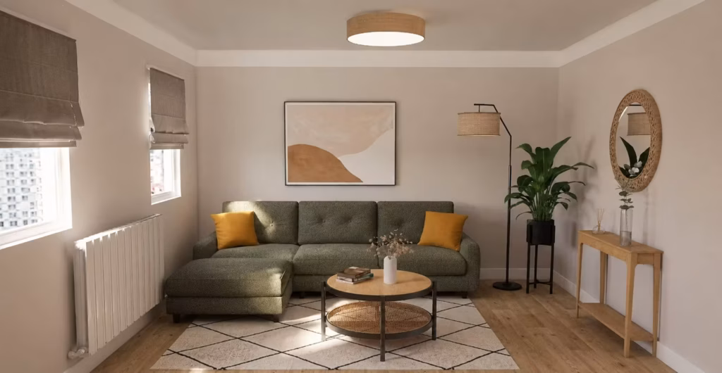 kleiner wohnraum mit niedriger decke in beige mit weißem streifen